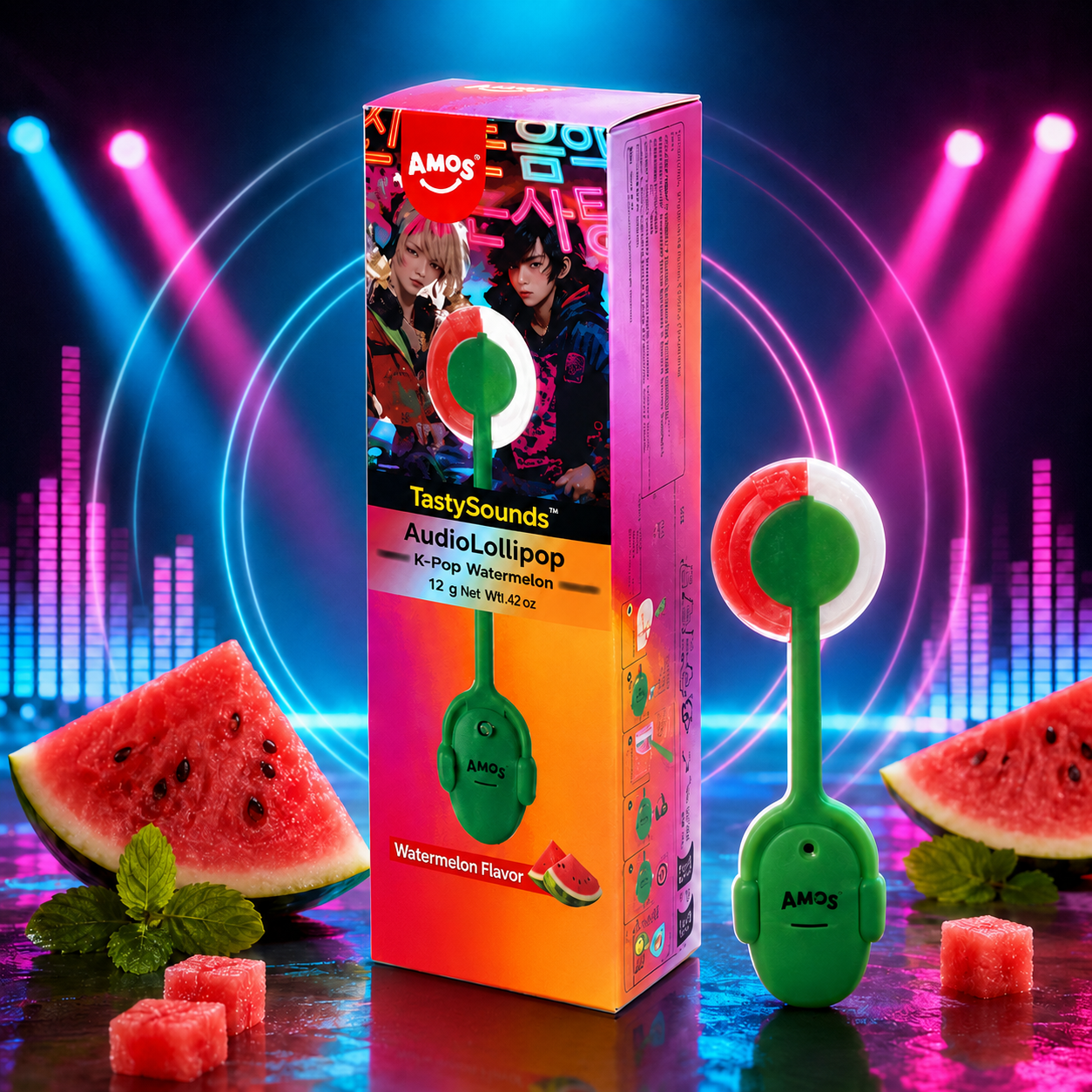 Kpop Amos TastySounds Lollipop Watermelon Flavor with Music K-Pop 12g.