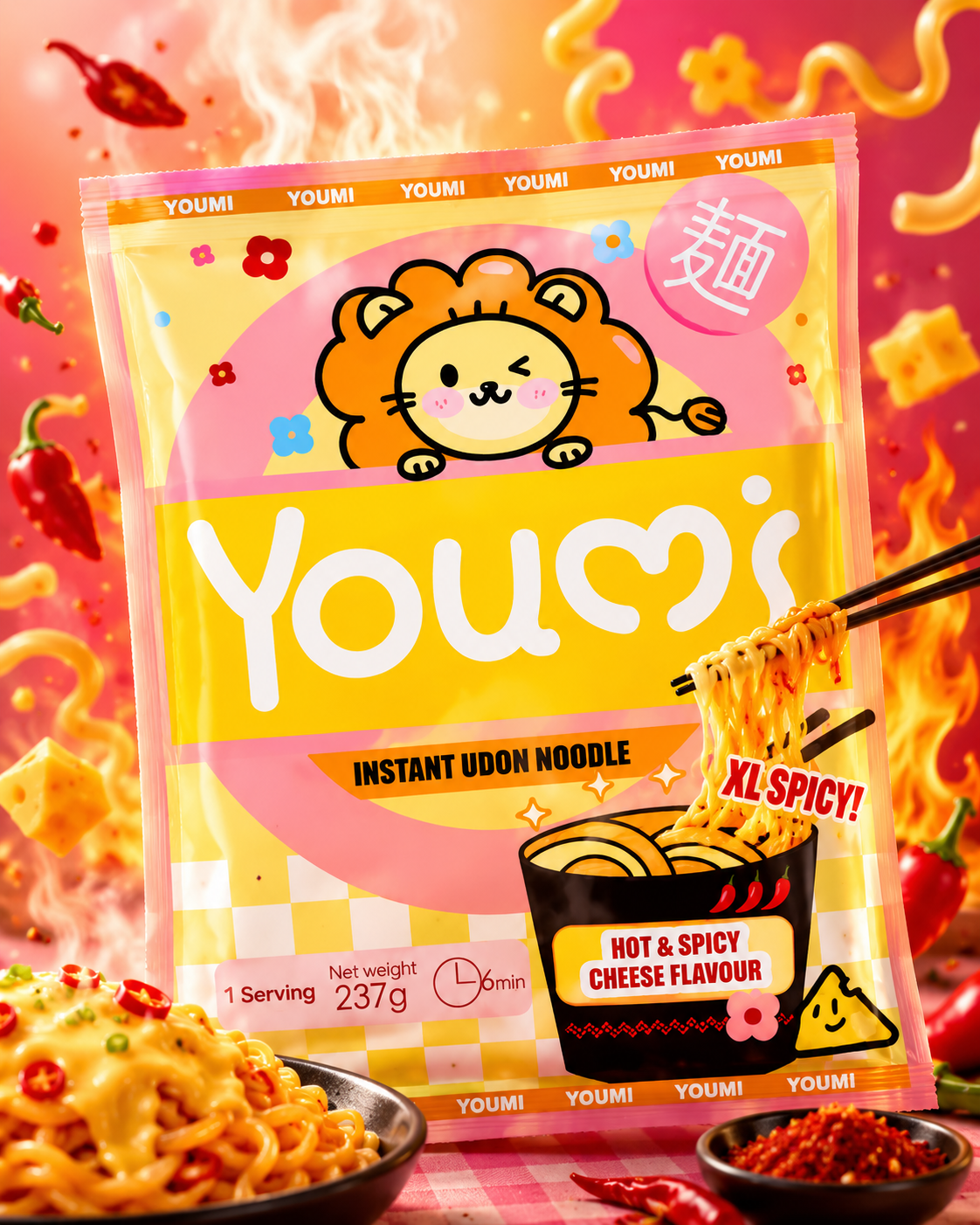 Youmi Instant Udon Noodle Hot & Spicy Cheese Flavour