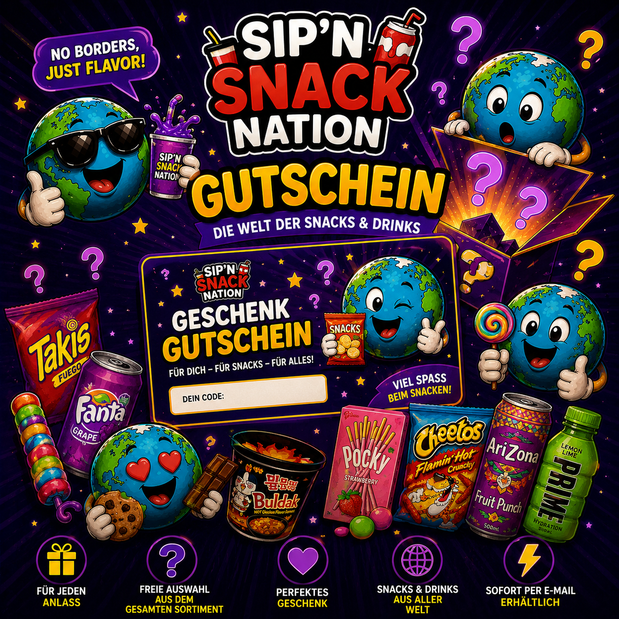 Sip'n Snack Nation Geschenkgutschein | Das perfekte Geschenk für Snack-Fans