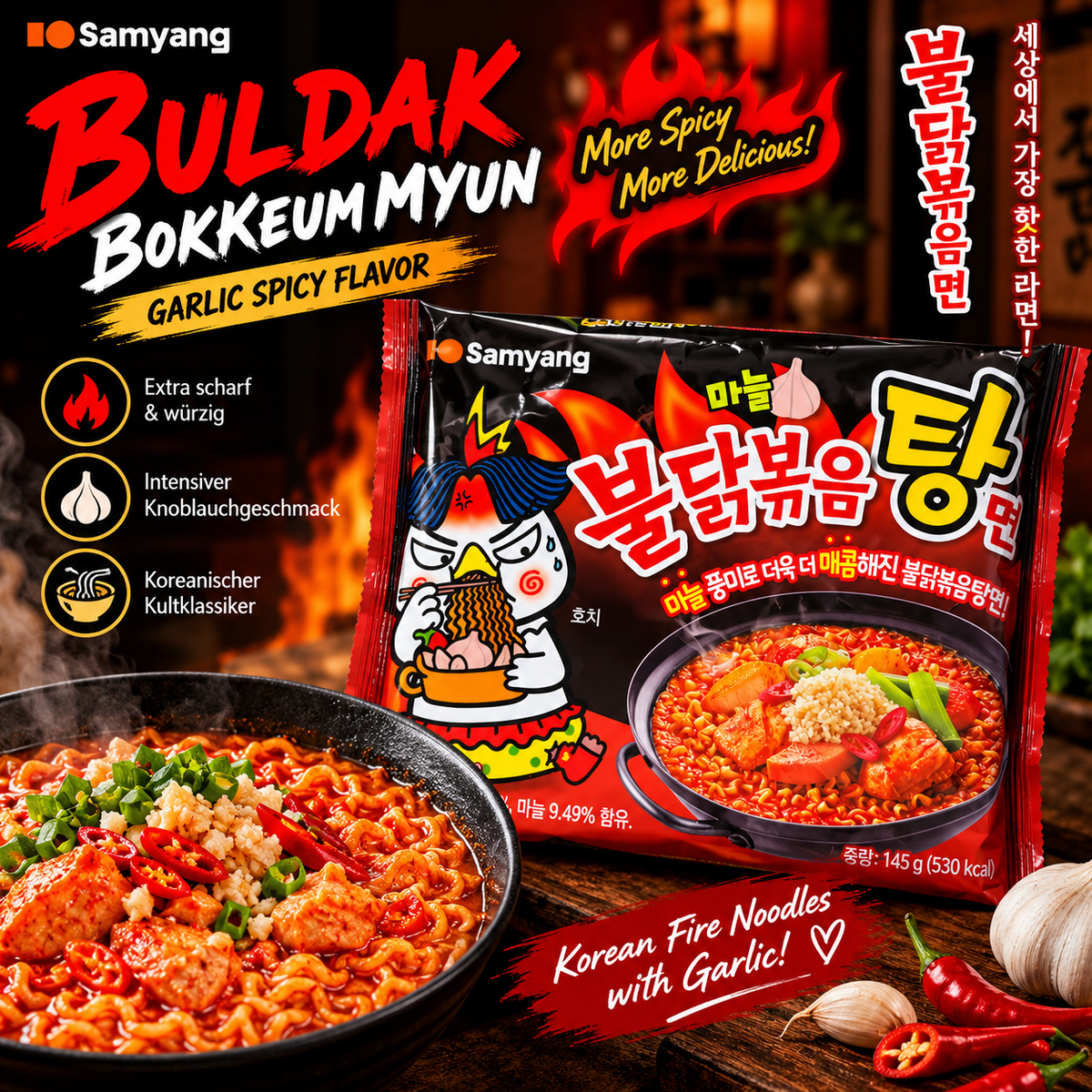 Samyang Buldak Garlic – Koreanische Hot Chicken Ramen mit Knoblauch | Extra Scharf