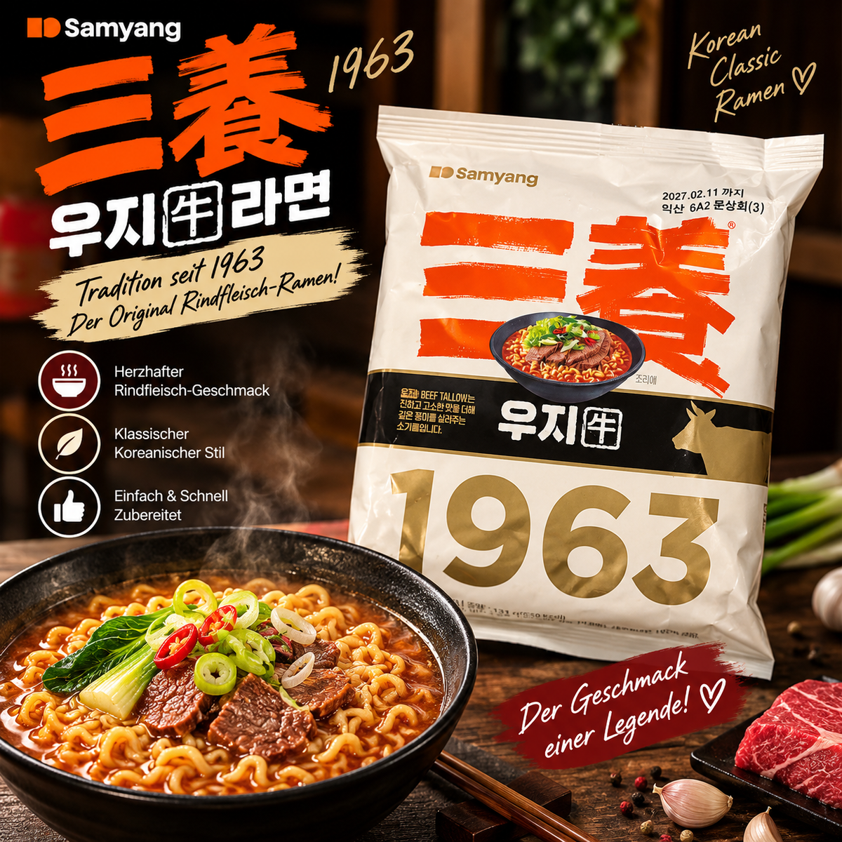 Samyang 1963 Beef Ramen – Koreanische Instantnudeln mit herzhaftem Rindfleischgeschmack