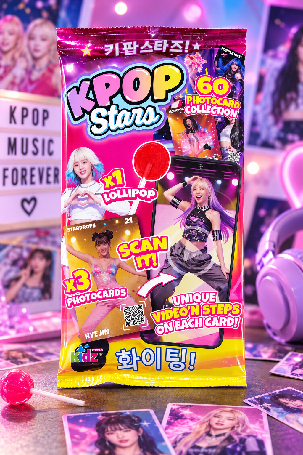 KPOP Stars Surprise Pack – 1 Lollipop + 3 Sammel-Photocards | K-Pop Fan Edition