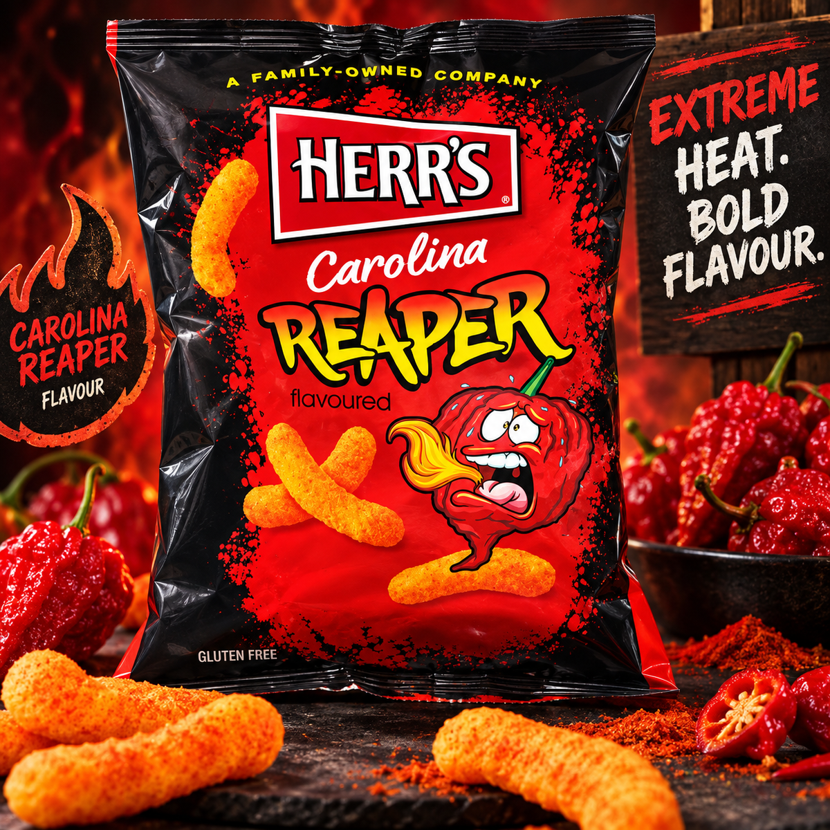 Herr’s Carolina Reaper – Extra scharfe Mais-Snacks mit Carolina-Reaper-Geschmack 🌶️🔥