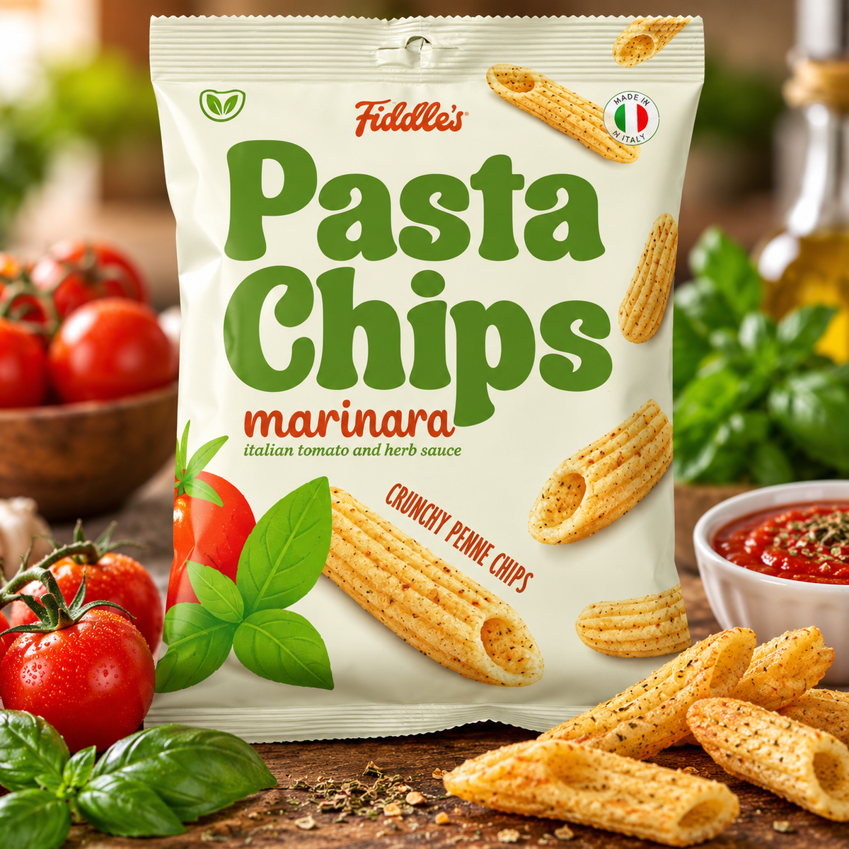 Fiddle’s Pasta Chips Marinara – Knusprige Penne Chips mit Tomaten-Kräuter-Geschmack