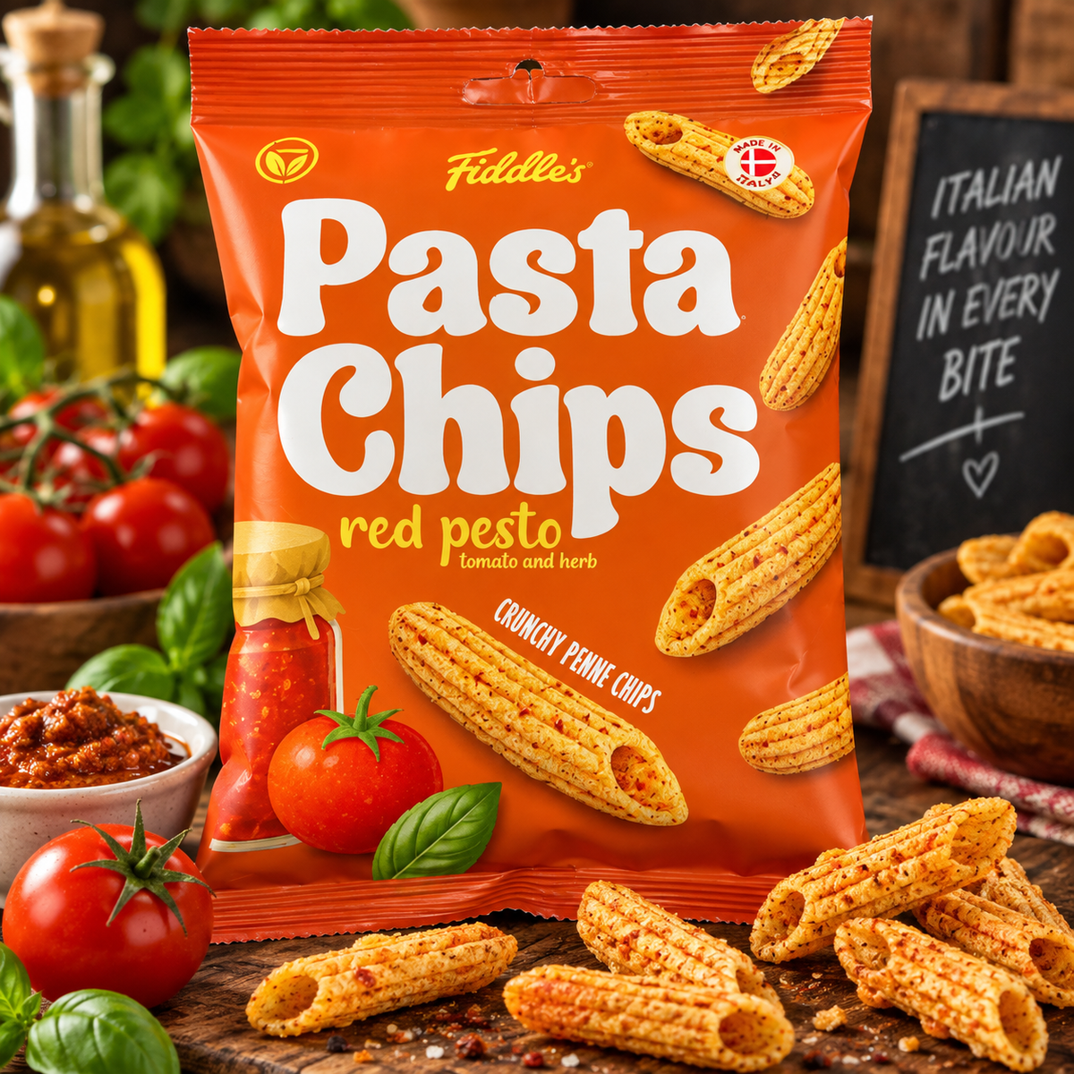 Fiddle’s Pasta Chips Red Pesto – Knusprige Penne Chips mit Tomaten & Kräutern