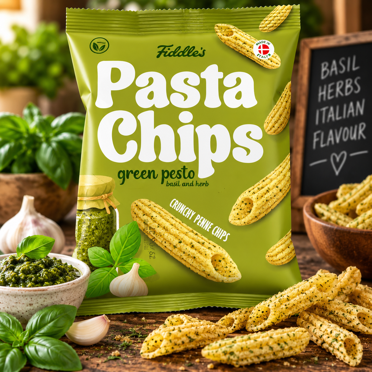 Fiddle’s Pasta Chips Green Pesto – Knusprige Penne Chips mit Basilikum & Kräutern