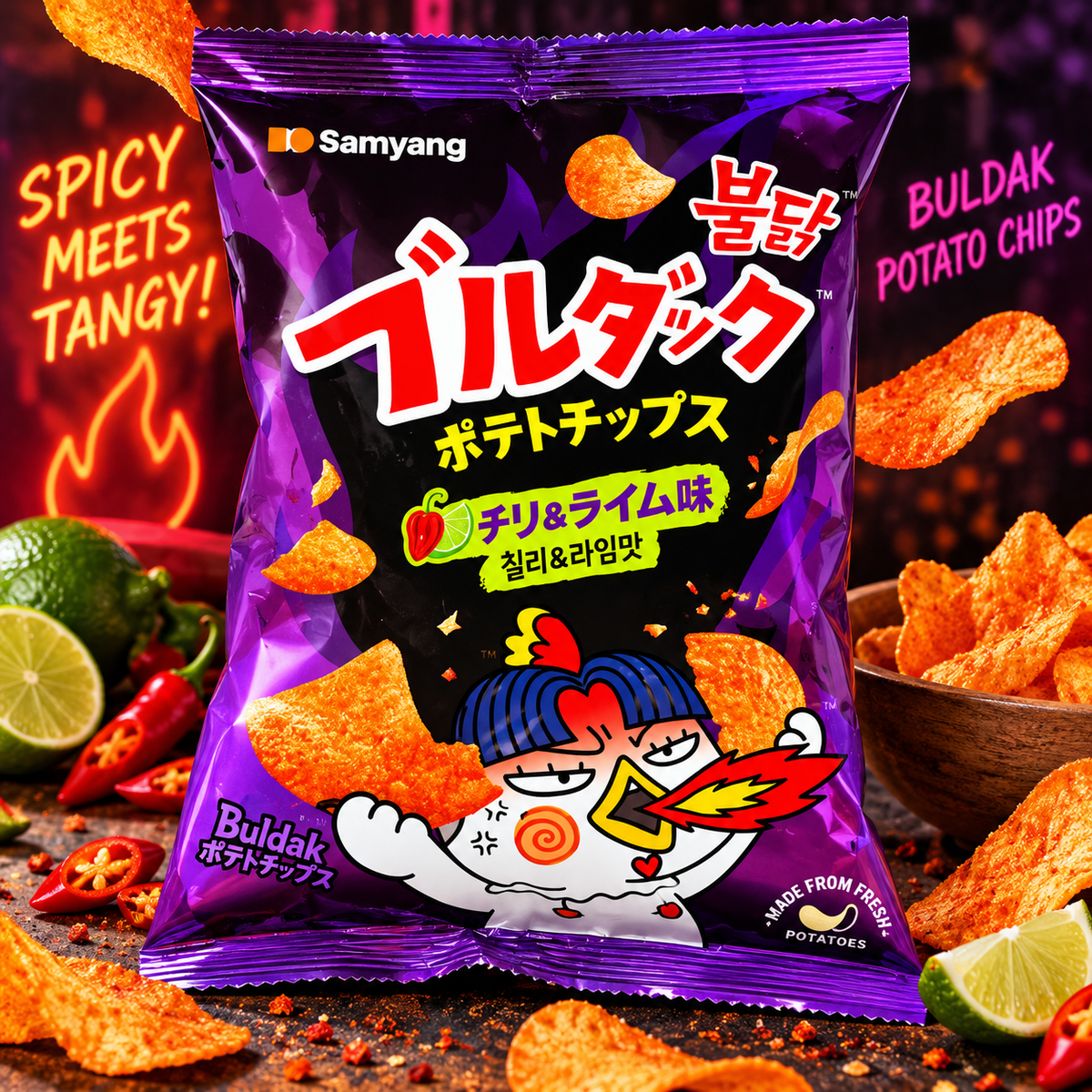 Samyang Buldak Potato Chips Chili & Lime – Scharfe Kartoffelchips mit Chili-Limetten-Geschmack