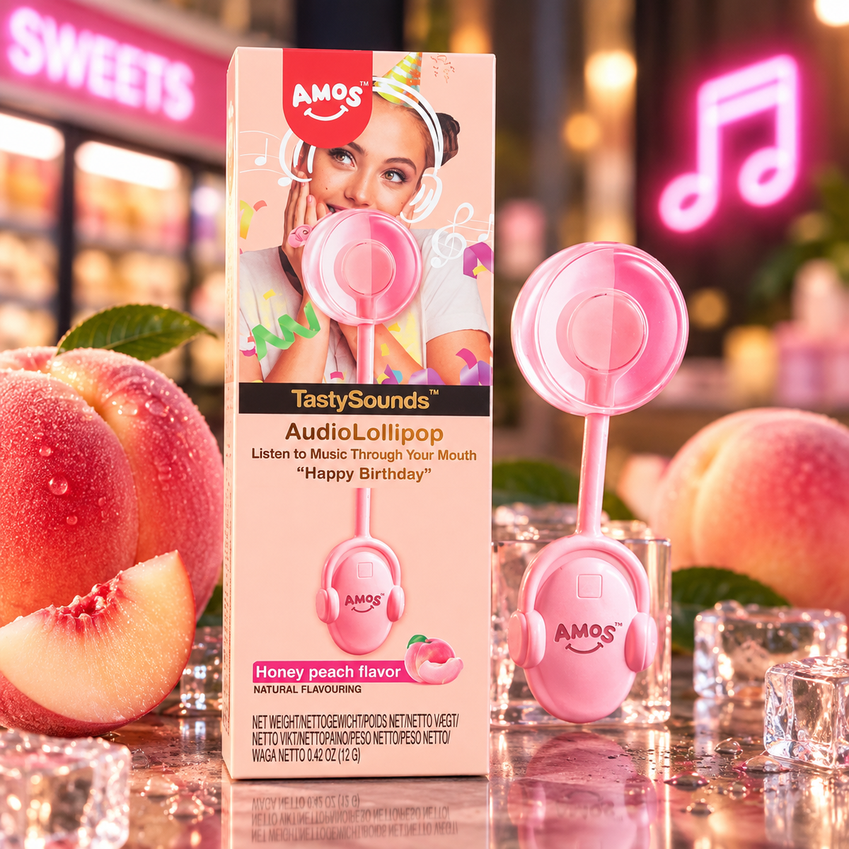 AMOS TastySounds AudioLollipop – Honey Peach 🍑 „Happy Birthday“ 12g