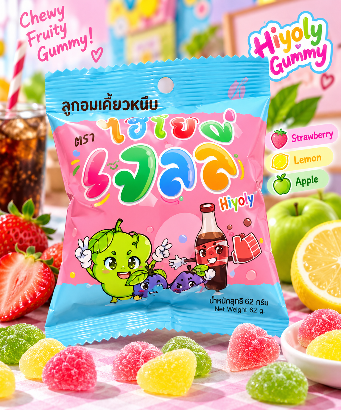 Hiyoly Chewy Fruity Gummy – Fruchtgummis Erdbeere, Zitrone & Apfel 62 g