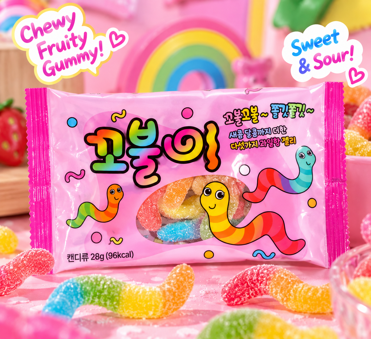 Kkoburi Sweet & Sour Gummy Worms – Koreanische Fruchtgummis 28 g