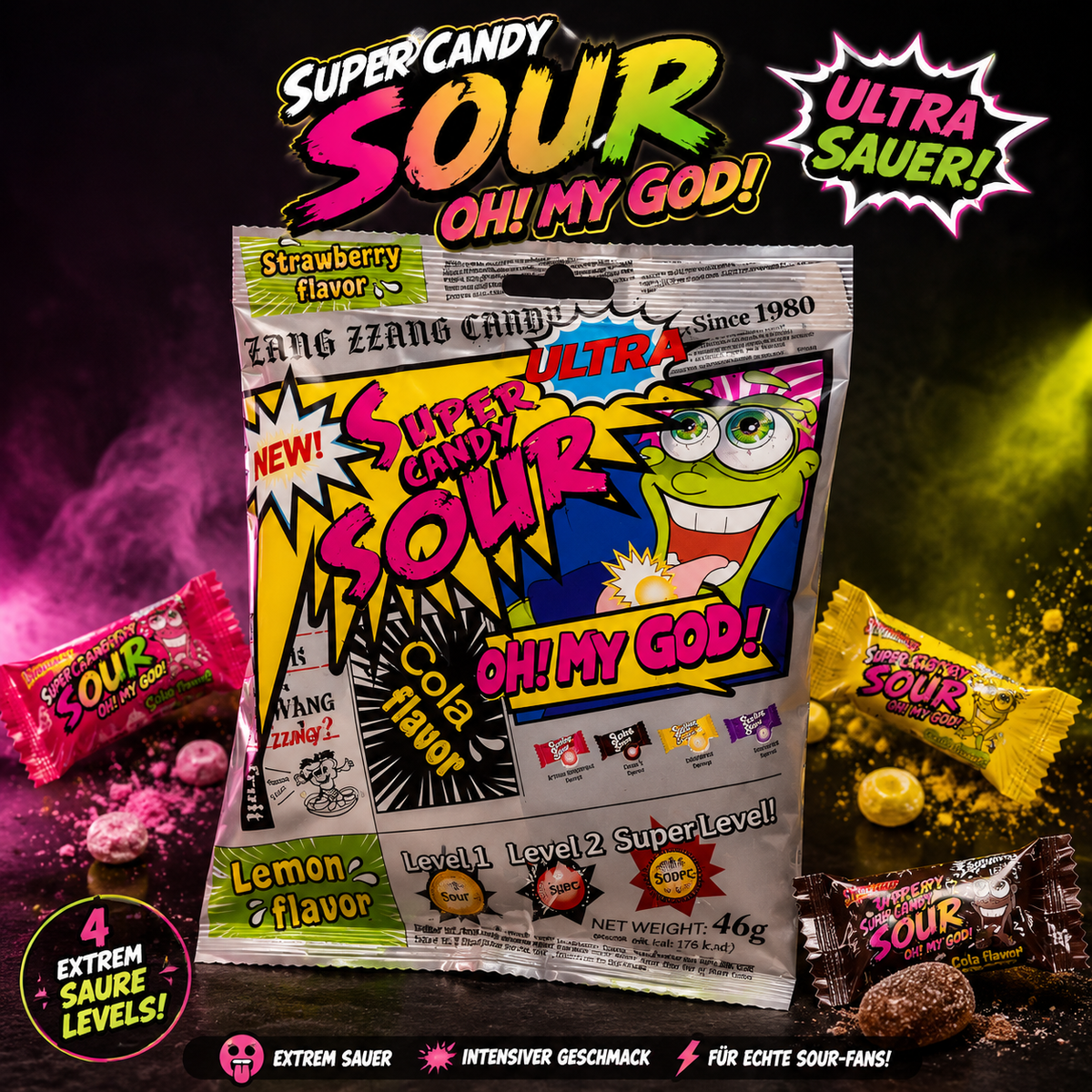 SUPER CANDY SOUR - 4 Flavor Strawberry, Cola, Grape, Lemon